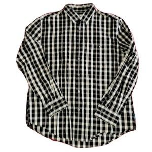 Perry Ellis Men Large Shirt Plaid Black Gray Button Down Long Sleeve 100% Cotton